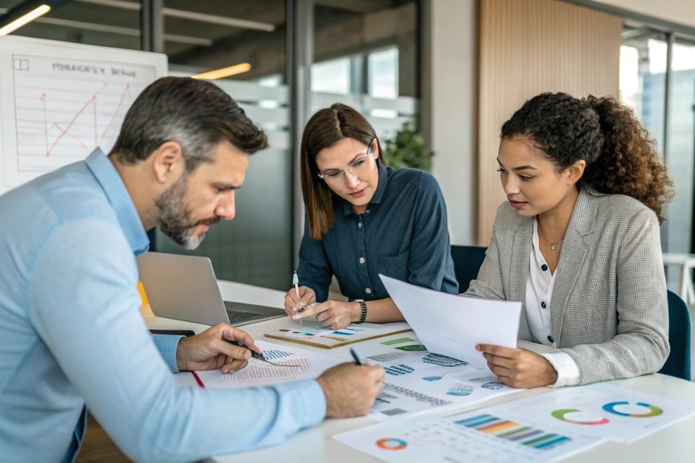 meeting, team discussing charts and graphs