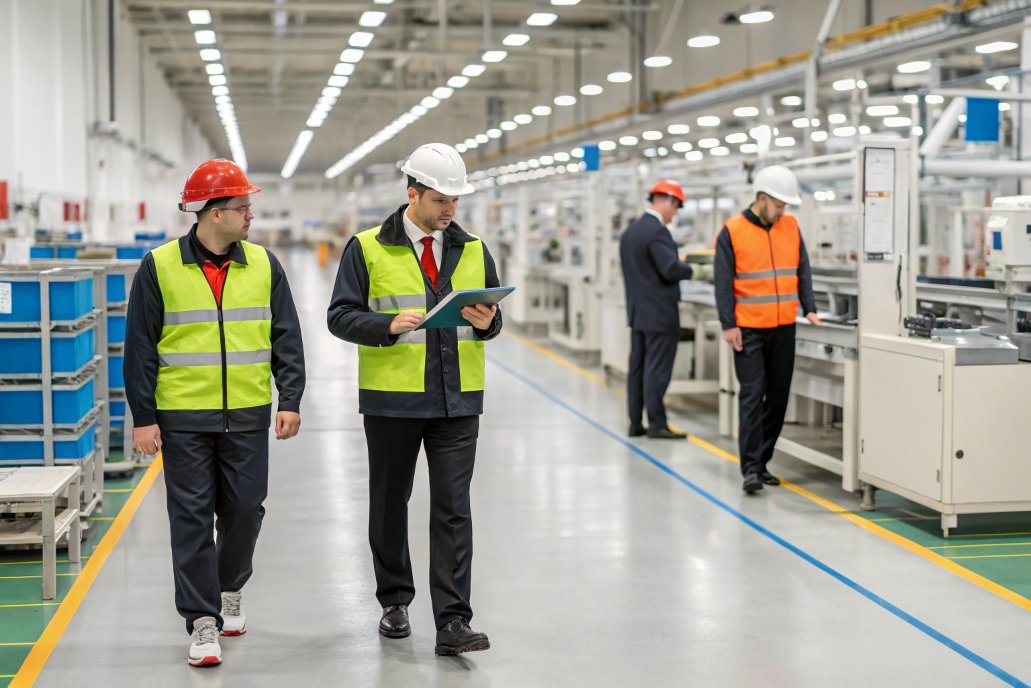 factory inspection, managers overseeing production process with tablet