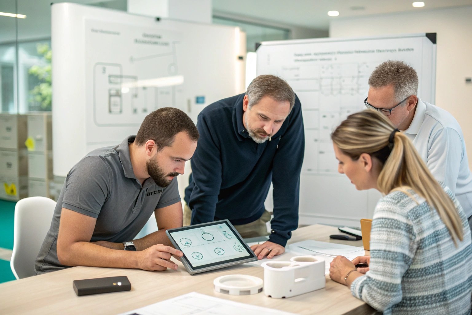 team discussing project details using a tablet in the office