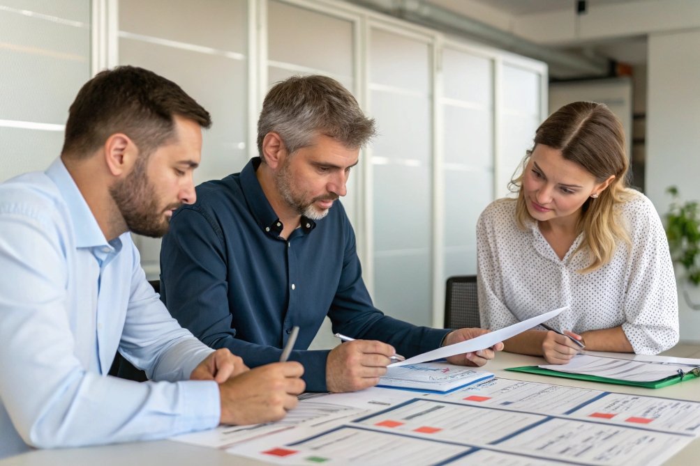 colleagues reviewing project documents and charts together in office