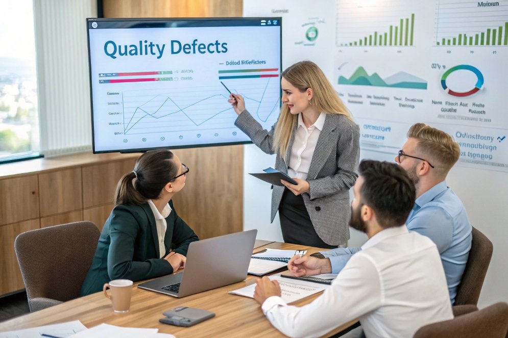 woman presenting quality defects report to colleagues in office meeting
