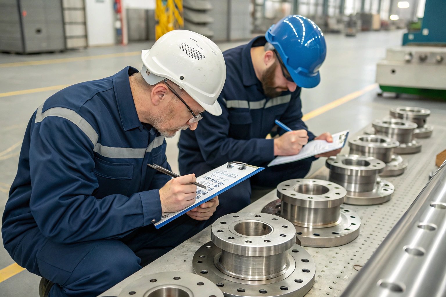 Workers inspecting metal components in factory