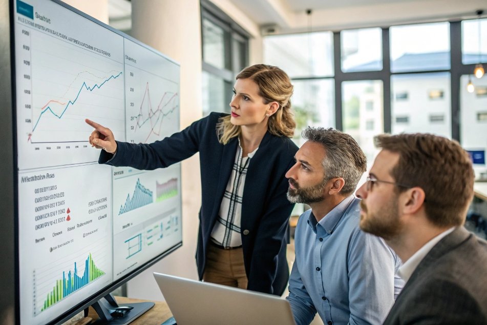 team analyzing graphs and data on large screen during meeting