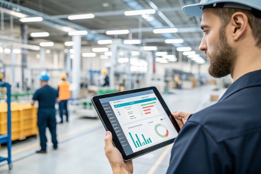 manager viewing production data manager viewing production data on tablet in factory