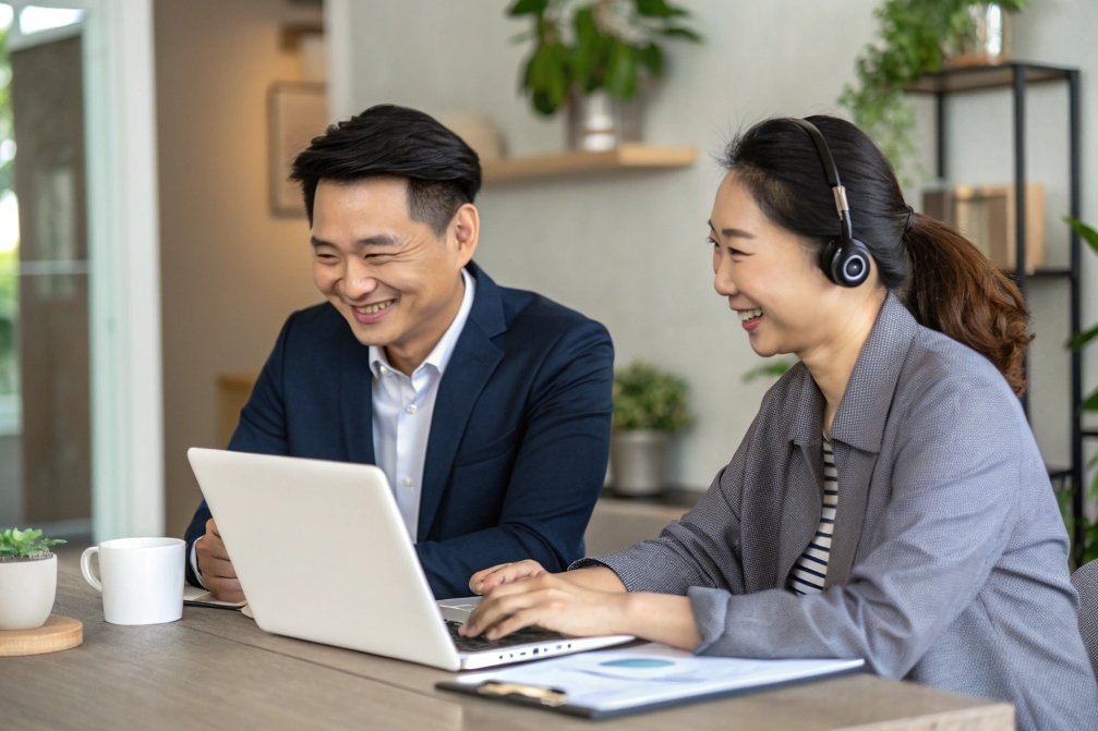 Two colleagues smiling and working on a laptop