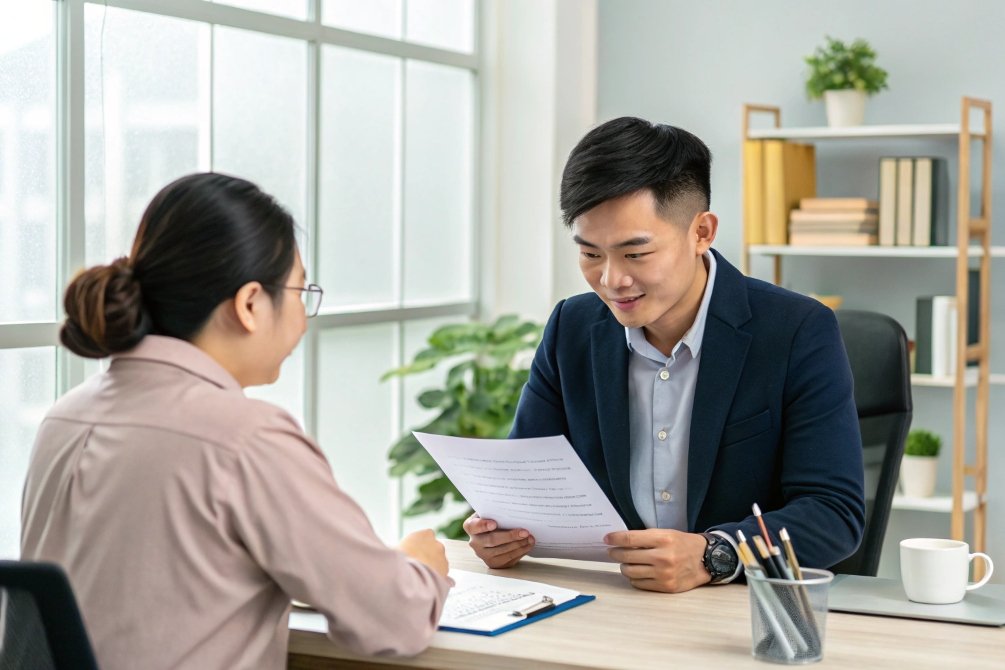 office meeting, document review Business professionals reviewing documents in an office