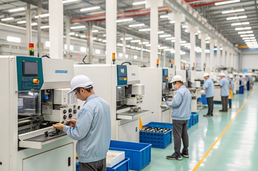 precision manufacturing, workers operating CNC machines in factory
