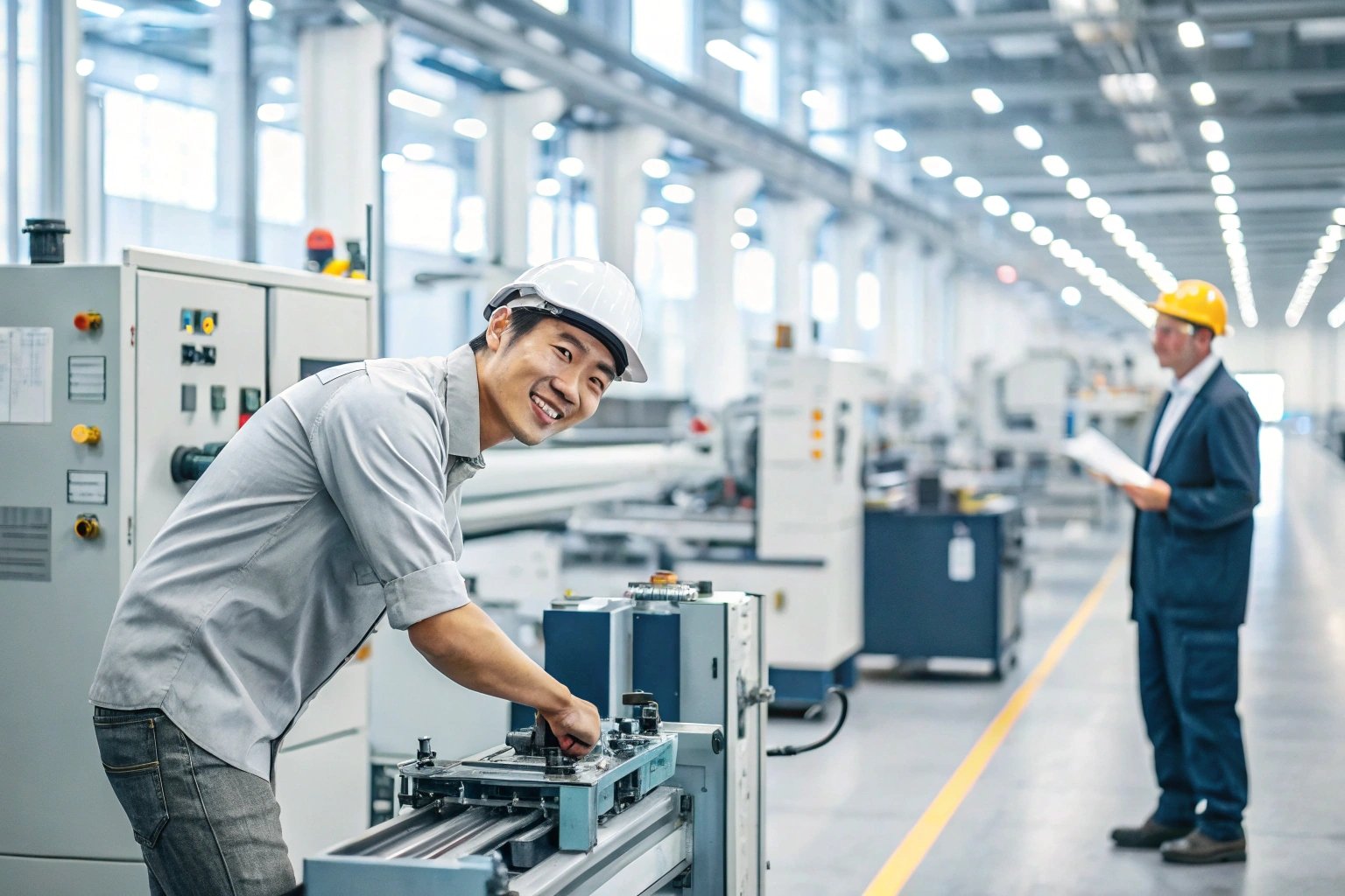 machine operator, factory setting Factory worker smiling and operating machinery