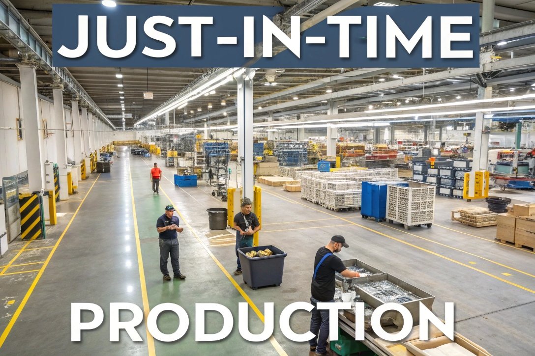 just-in-time production, workers in a factory warehouse