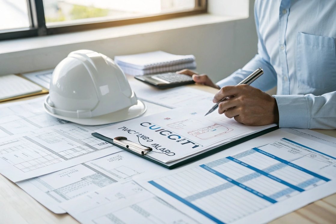 engineer, office desk Engineer reviewing blueprints and documents