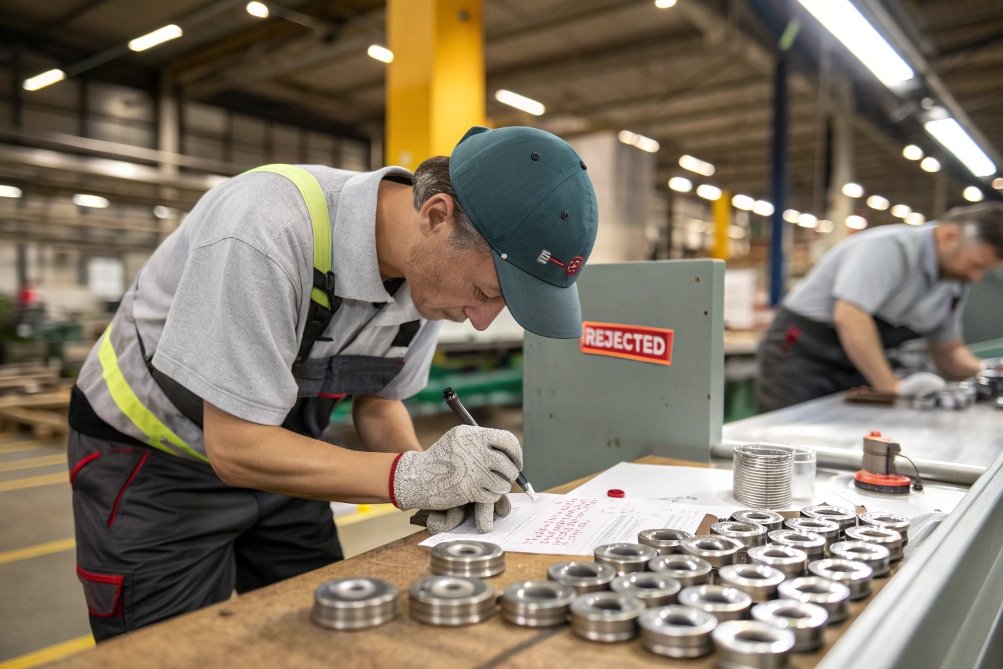 worker marking rejected parts in factory