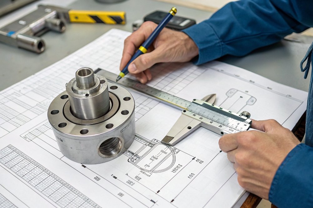 measuring metal part with caliper and blueprint