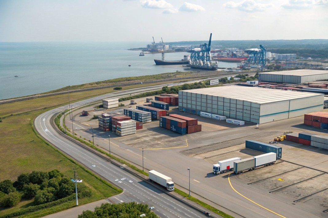 port with containers and trucks