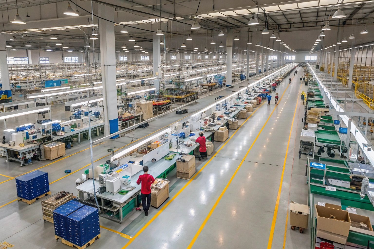 large manufacturing assembly line, workers assembling products in factory