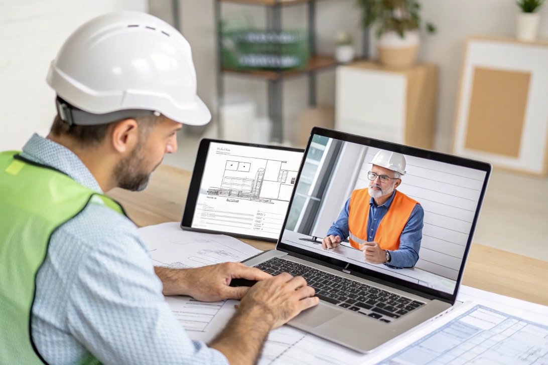 engineer working on a laptop and tablet, virtual meeting