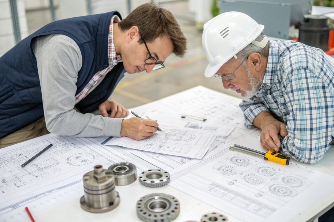 engineers working on mechanical blueprints, factory design