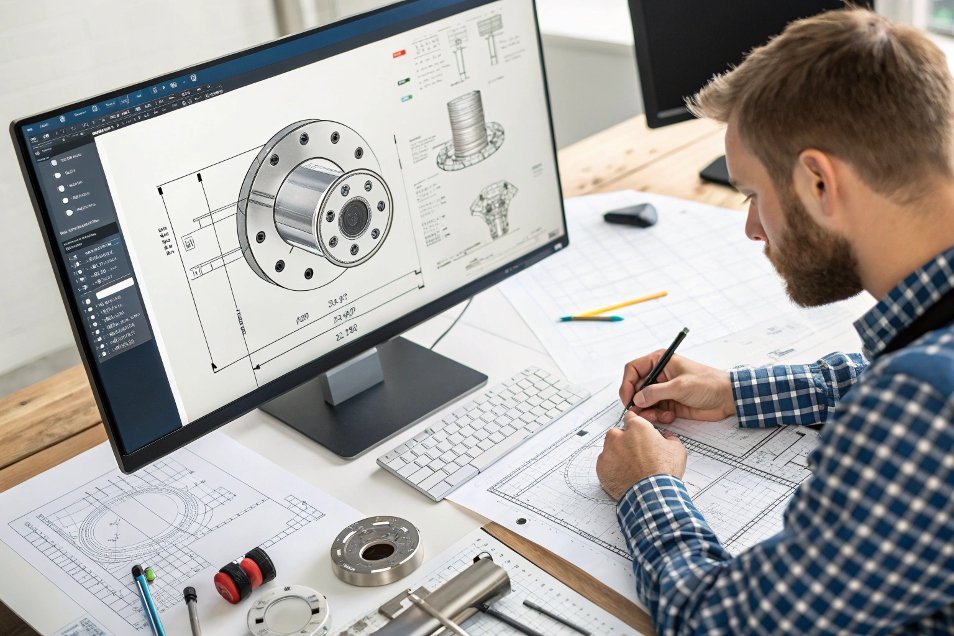 engineer working on technical design on computer