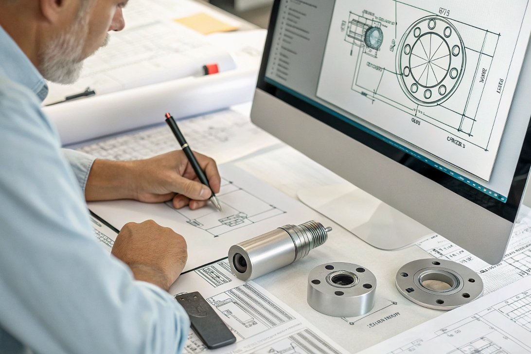 engineer reviewing design, CAD model and blueprint