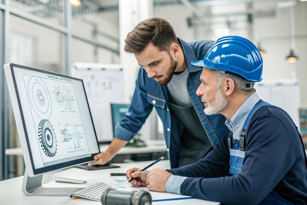 engineers, CAD, design, monitor Engineers discussing CAD drawings on a monitor