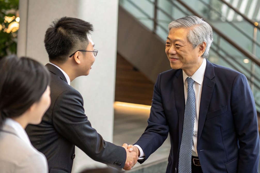 business handshake, professional setting Handshake between two men in a business setting