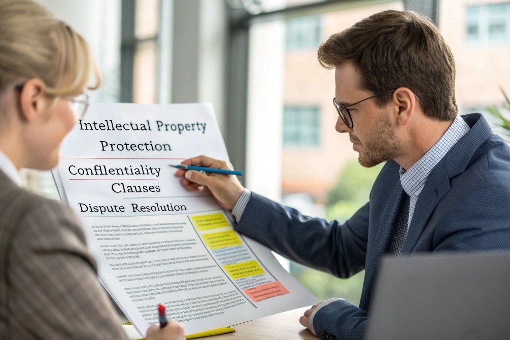 Business professionals discussing intellectual property protection contract