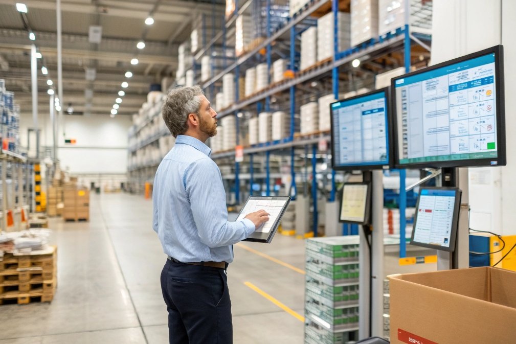 Warehouse manager reviewing inventory and data on multiple screens