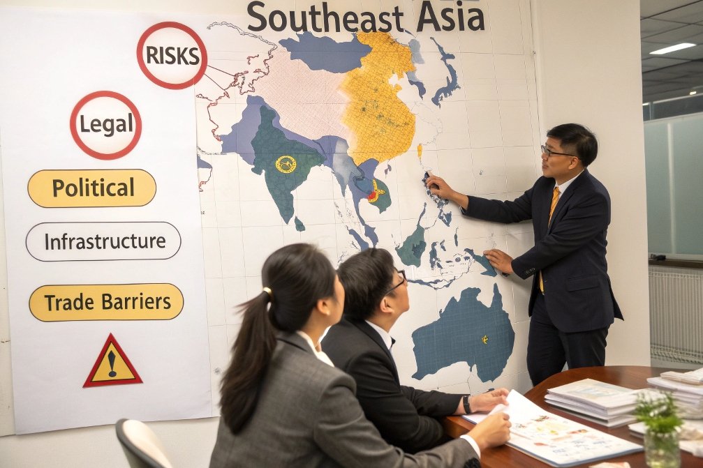 Business team discussing Southeast Asia risks and barriers