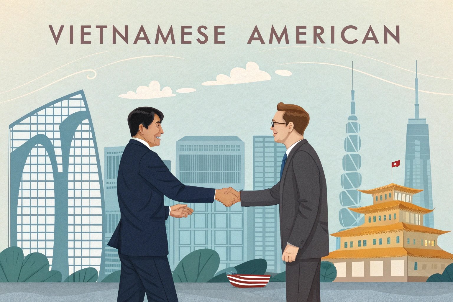Vietnamese, American, partnership Vietnamese American business partnership with city backdrop