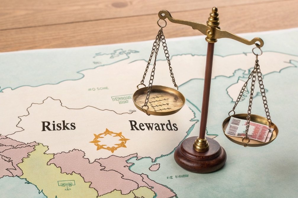 risks, rewards, scale Scales of justice over risks and rewards map