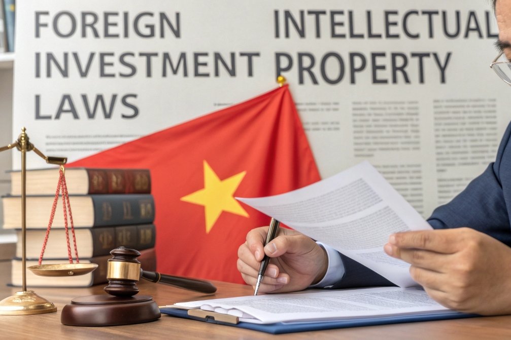 lawyer reviewing legal documents with Vietnamese flag