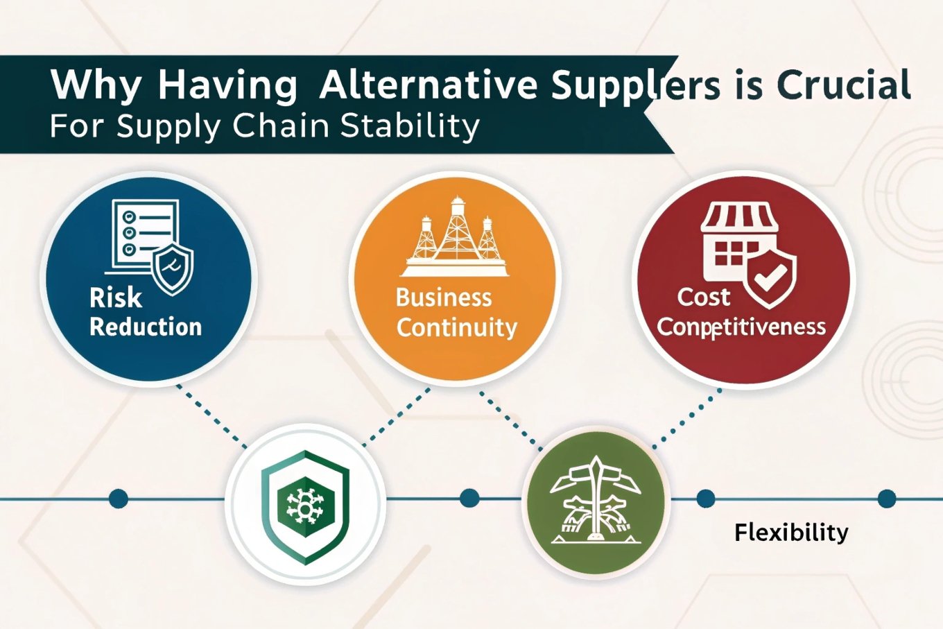 Supply chain stability with alternative suppliers, icons showing flexibility and competitiveness