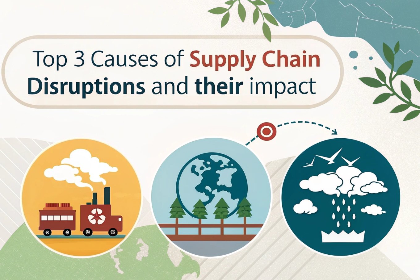 Causes of supply chain disruptions, icons representing pollution, weather, and global factors