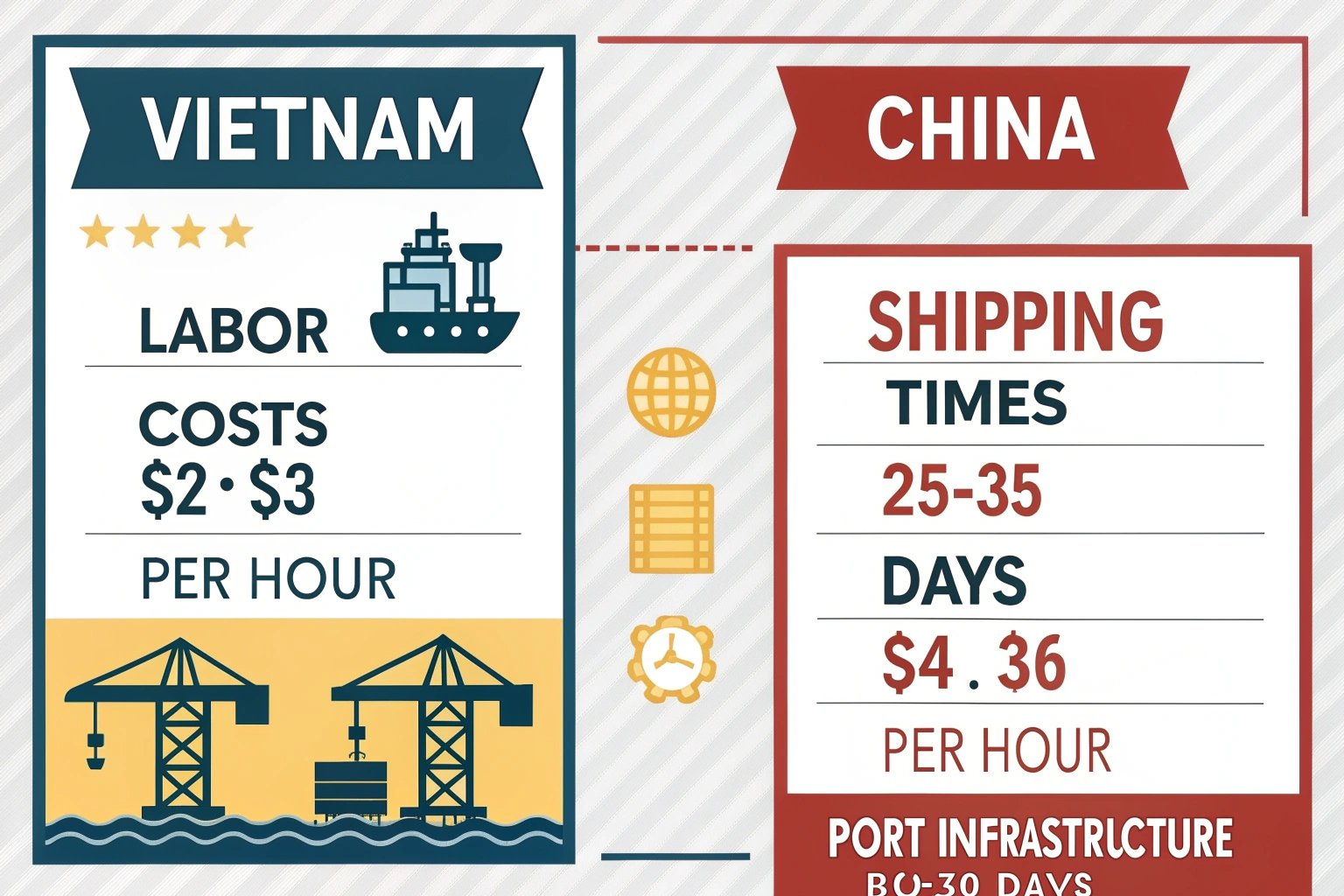 labor costs, shipping times, port infrastructure Vietnam vs China labor and shipping costs comparison