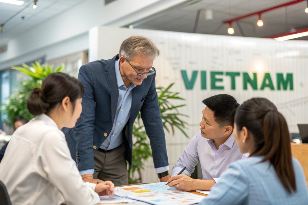 Vietnam office, team discussion Business meeting with Vietnam background