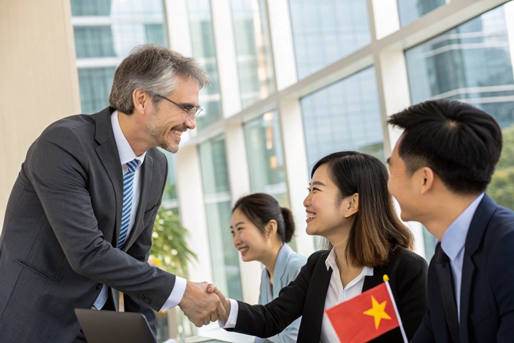 International business handshake with Vietnamese flag