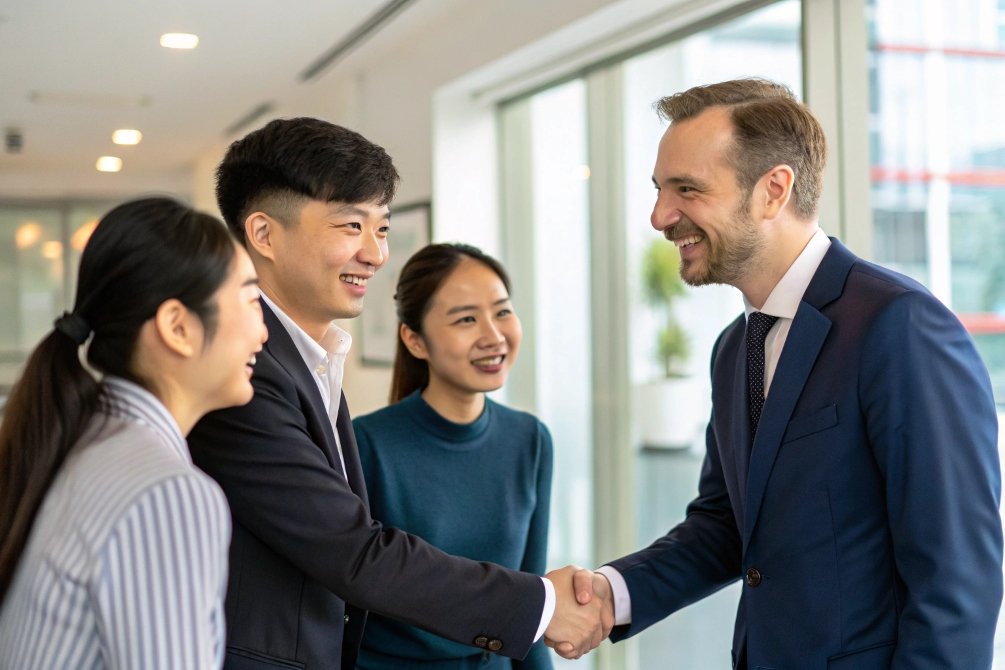 Business professionals shaking hands in an office