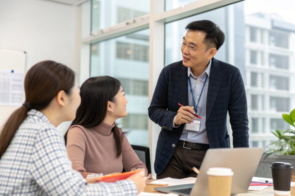 teamwork, professional discussion Team discussing project in a modern office