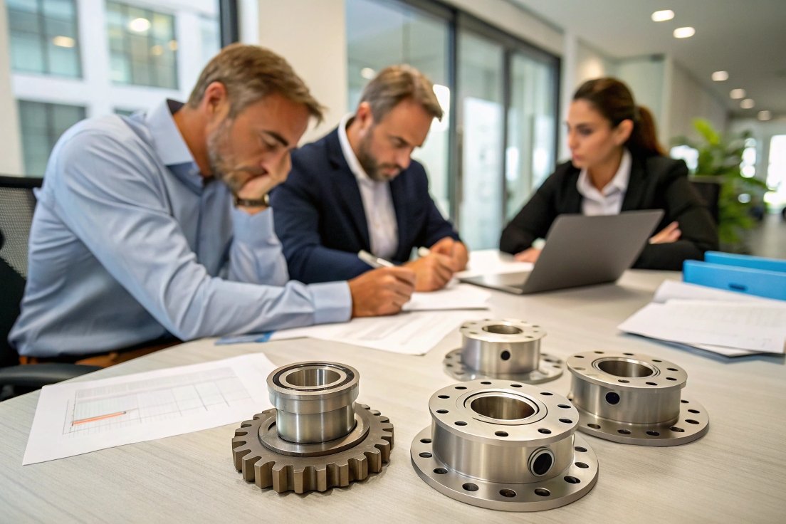 business team analyzing mechanical parts and data
