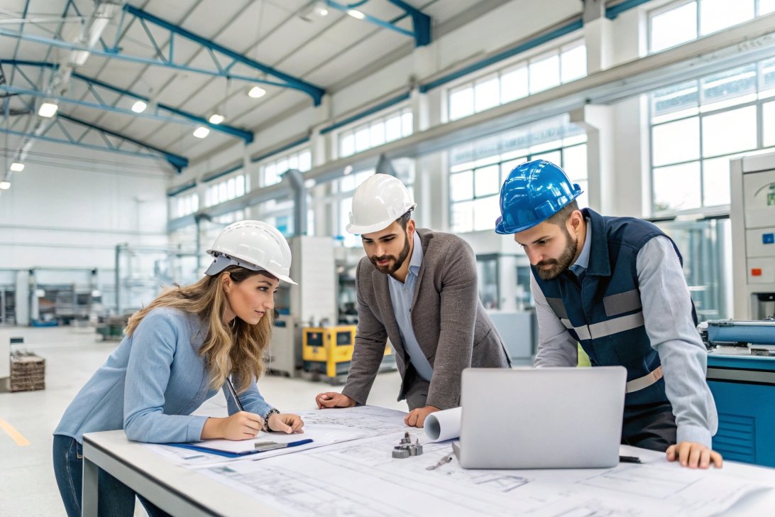 construction planning, team collaboration engineers discussing plans, factory work