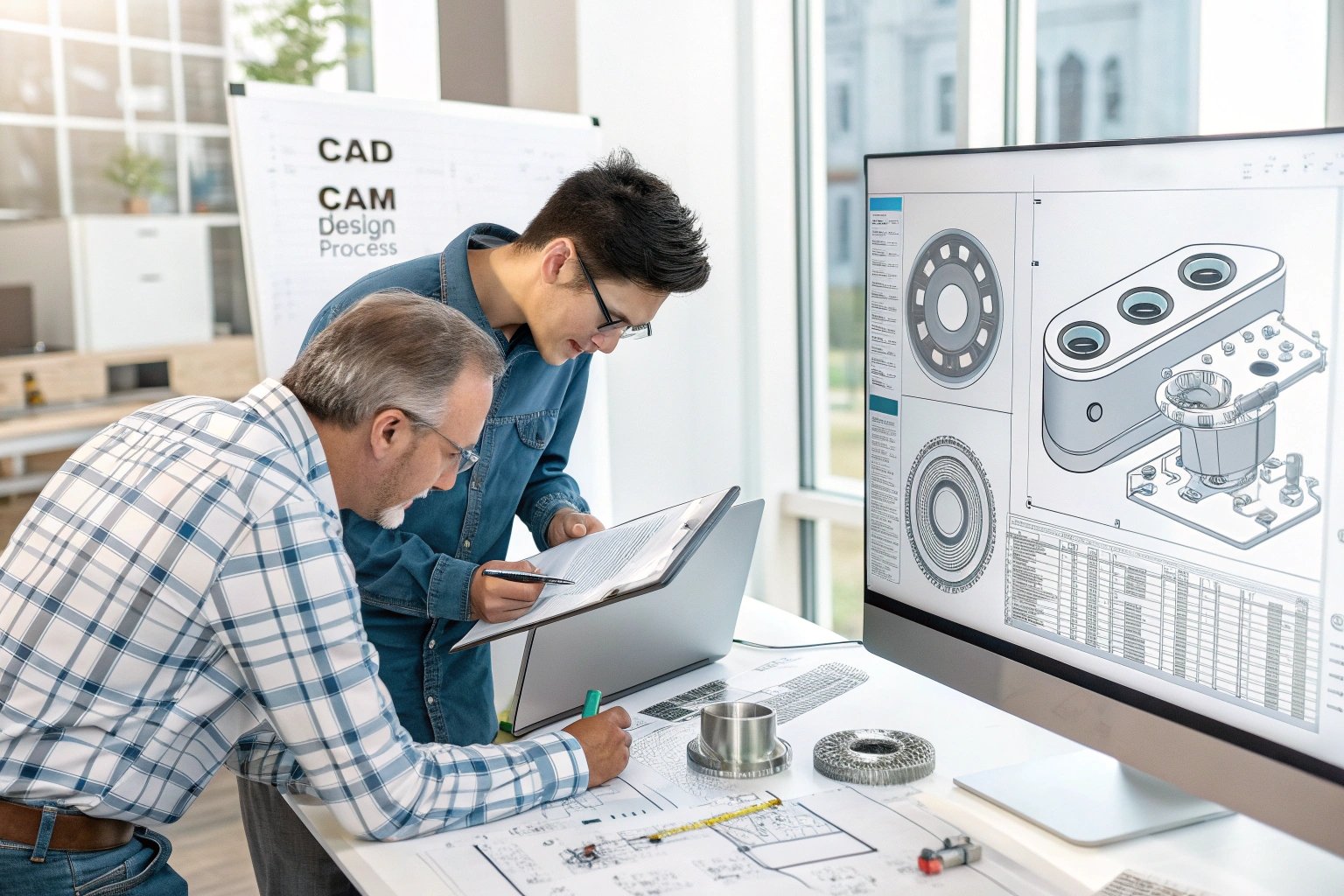 CAD, CAM, design, engineers Engineers working on CAD/CAM design process for parts