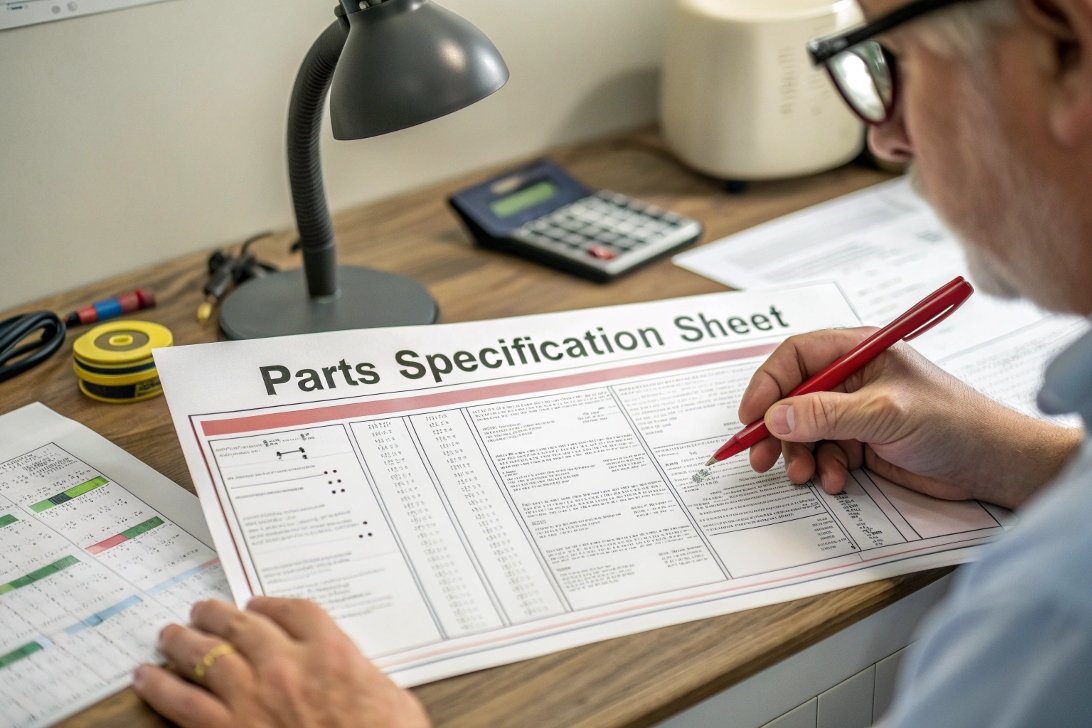 working on parts specification sheet, desk setup