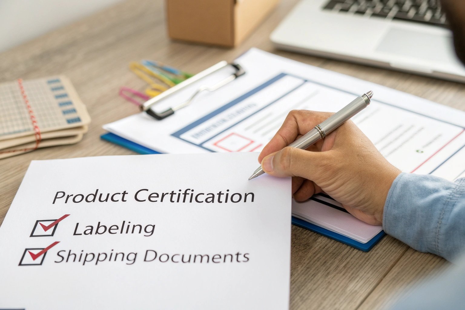 checking product certification, office desk