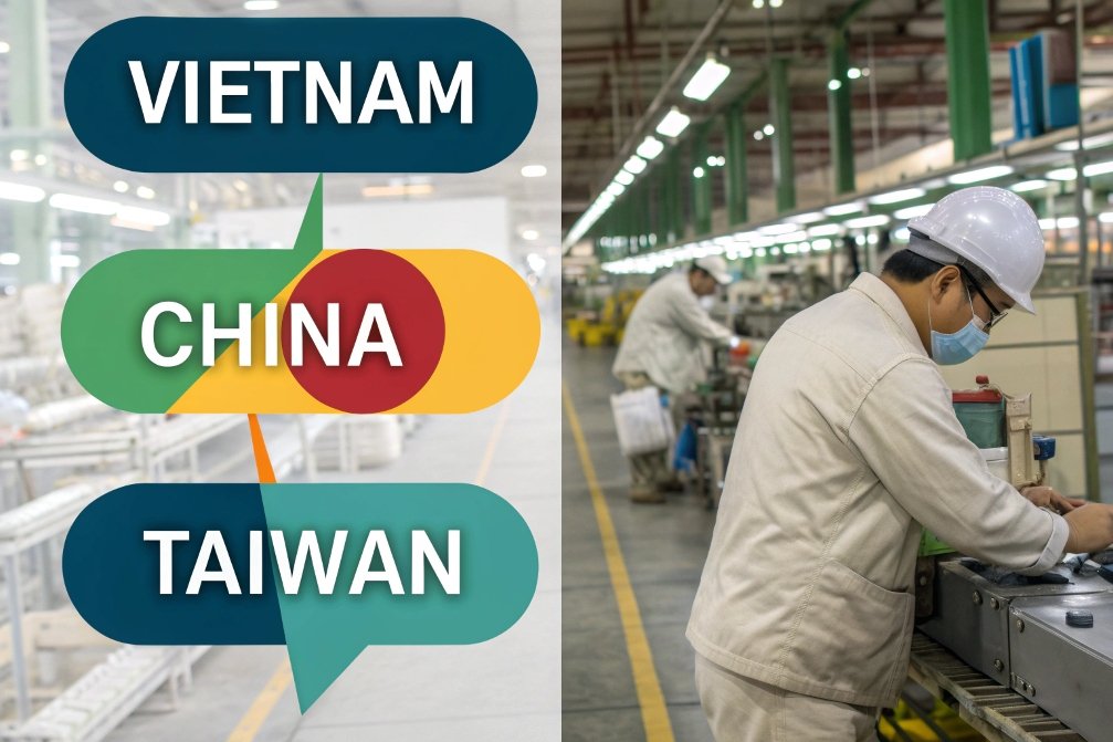 Factory workers in Vietnam, production line with machinery