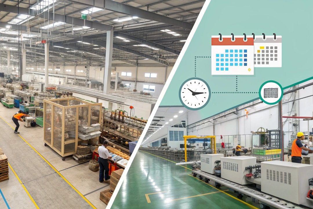 Workers checking production machinery and assembly line
