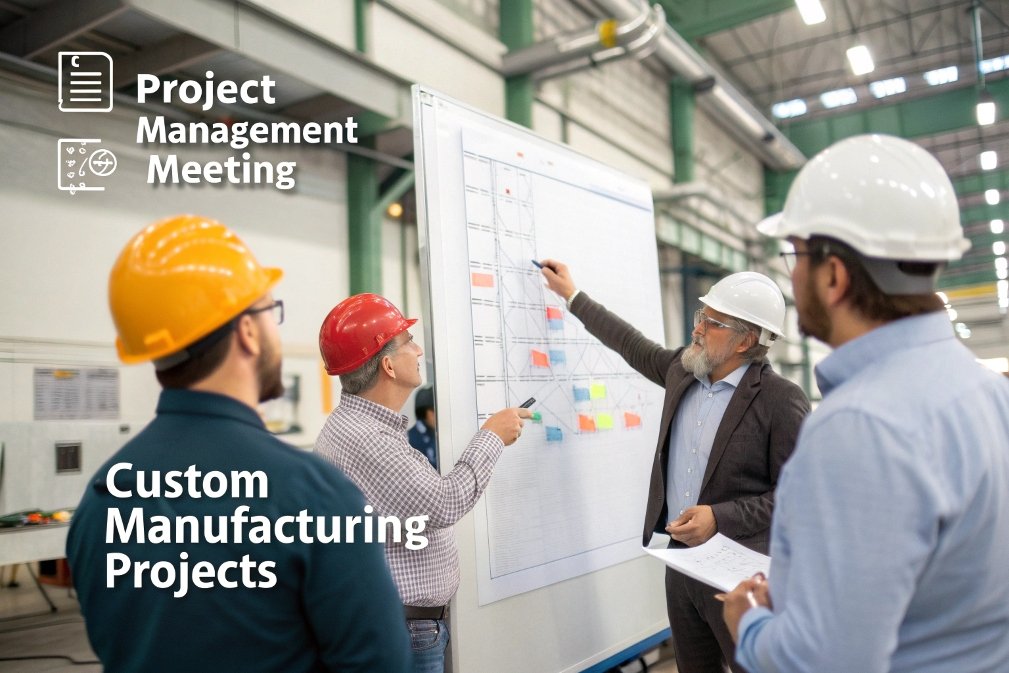 project management, meeting, custom manufacturing, planning Project management meeting for custom manufacturing projects