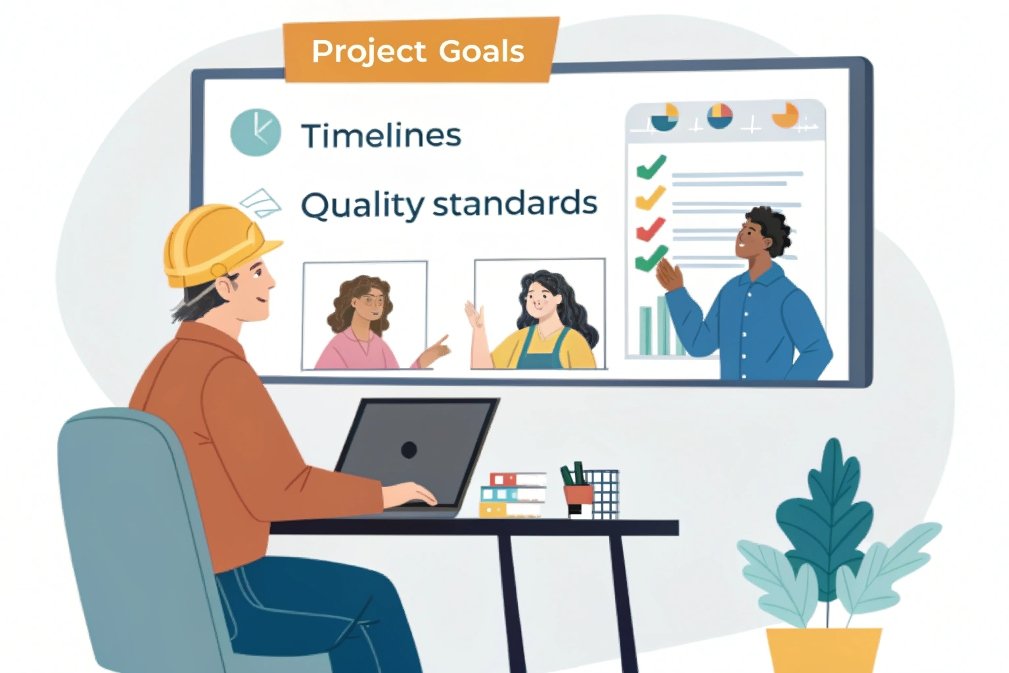 project goals, timelines, quality standards, project planning Engineer reviewing project goals with team