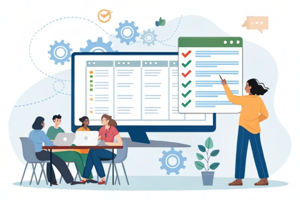 team collaboration, project task management, checklist, teamwork Team working on project tasks and checklist online
