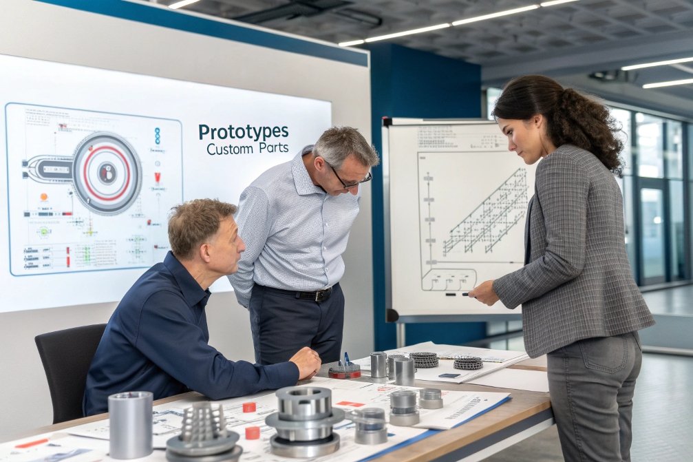 Designers discussing prototypes and custom parts