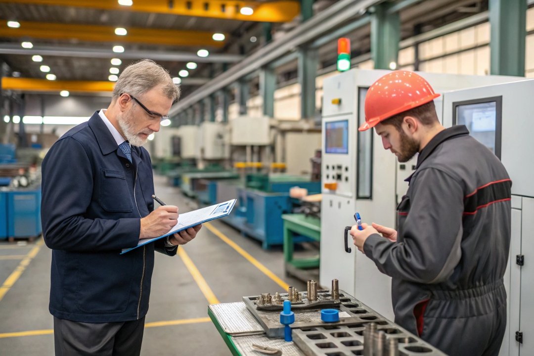 Engineer reviewing production process with worker in factory