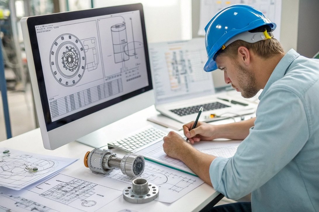engineer working with CAD, mechanical parts and blueprint